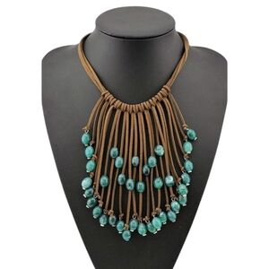 Faux Leather Cluster Fringe Tassel Pendant Bib Necklace